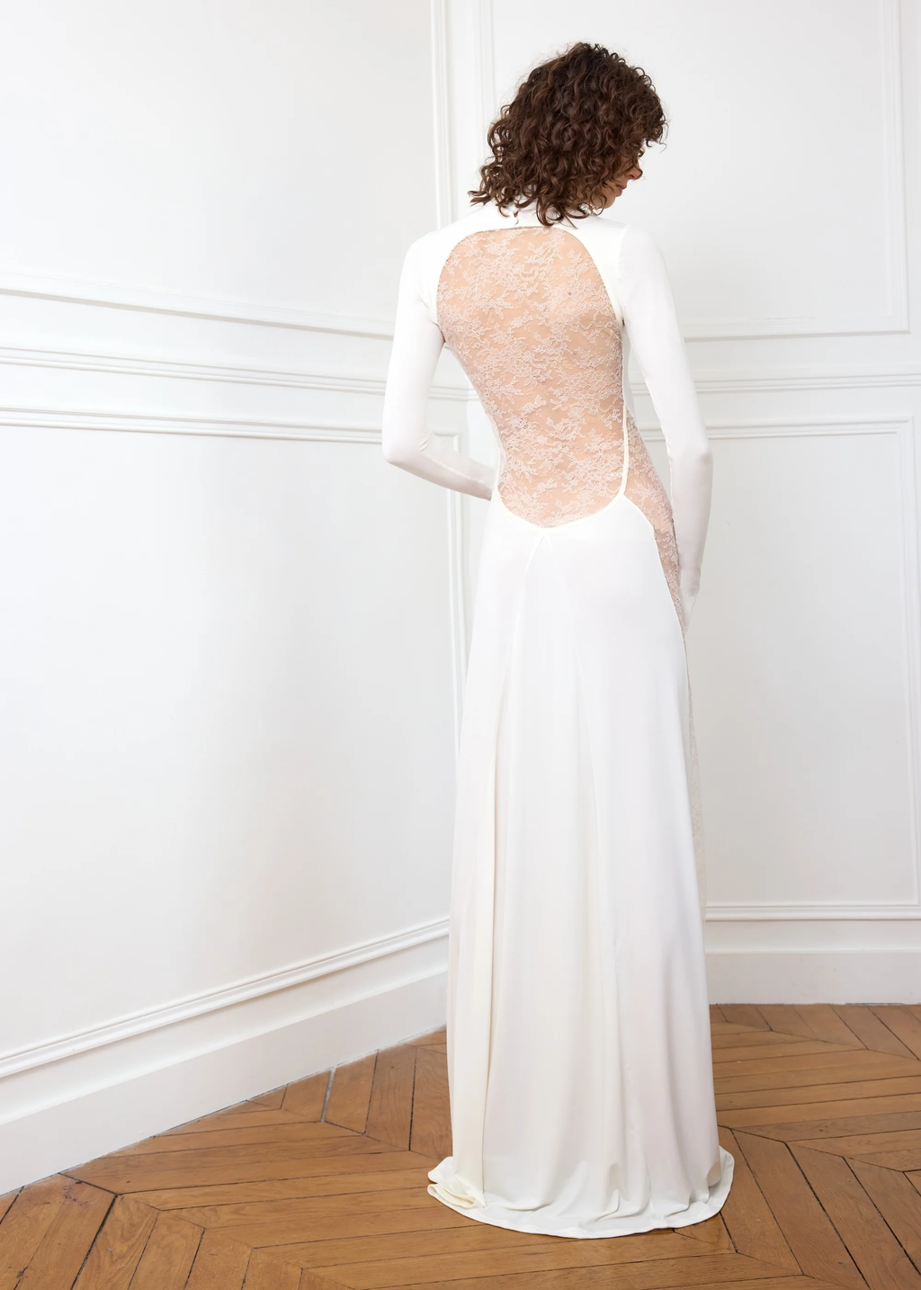 High Neck Lace Sheer Backless Trailing Maxi Gown
