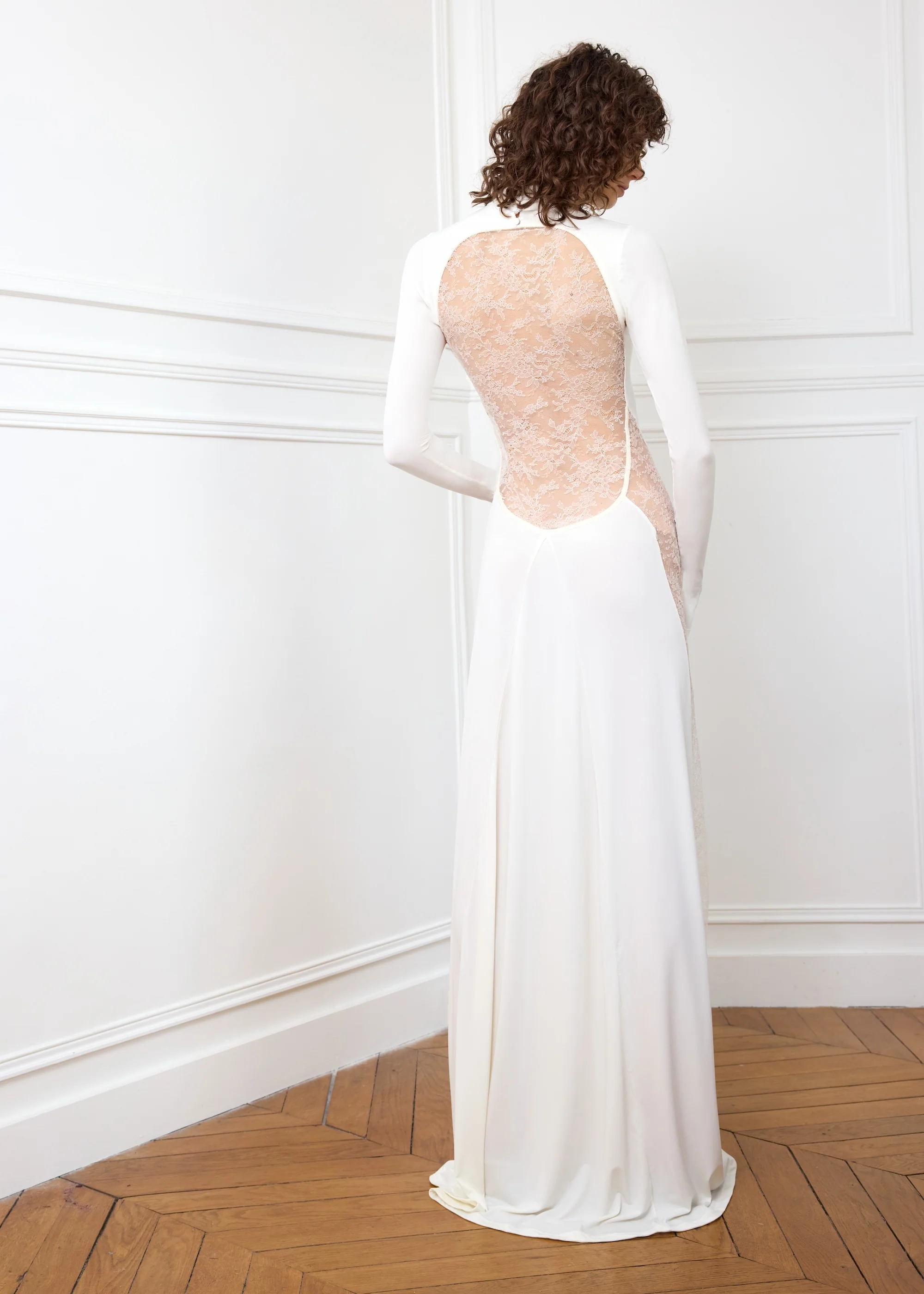 High Neck Lace Sheer Backless Trailing Maxi Gown