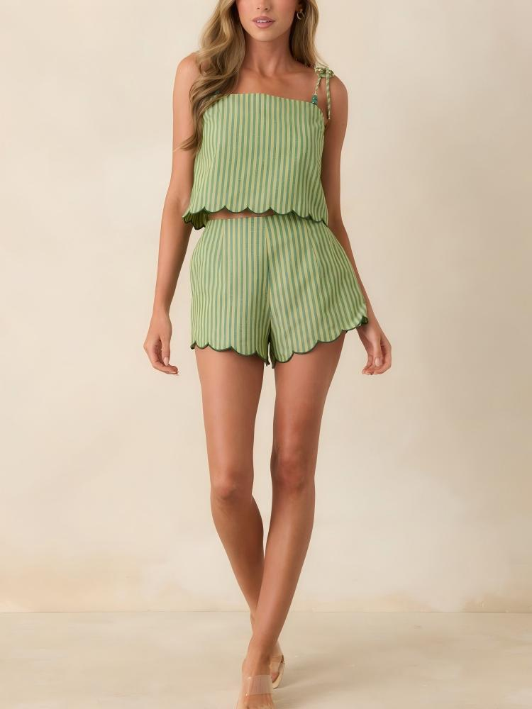Striped Scallop Hem Cami Top & Shorts Set