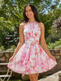 Pink Floral Halter Neck Tiered Chiffon Mini Dress