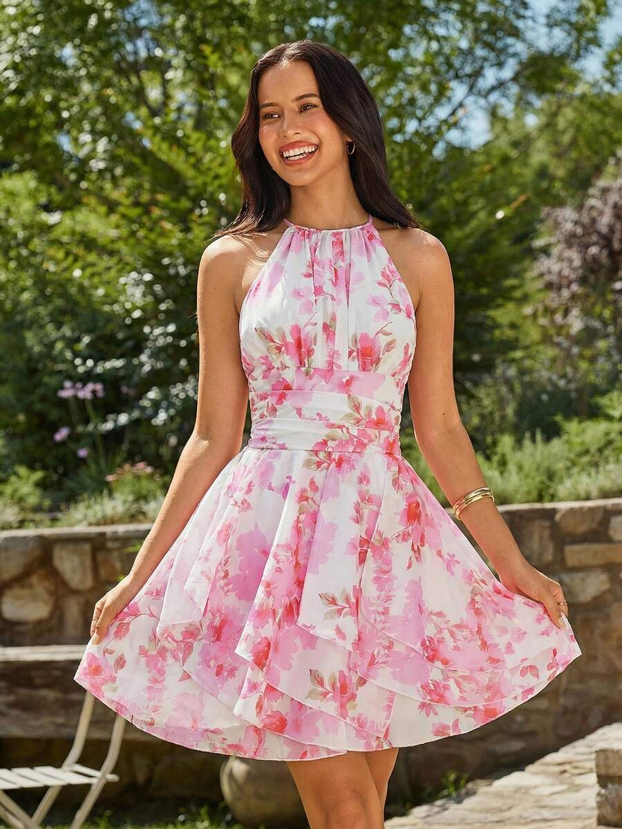 Pink Floral Halter Neck Tiered Chiffon Mini Dress