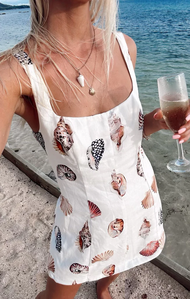 Seashell Print Square Neck Mini Dress