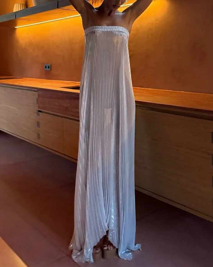 Shimmer Pleated Strapless Maxi Dress