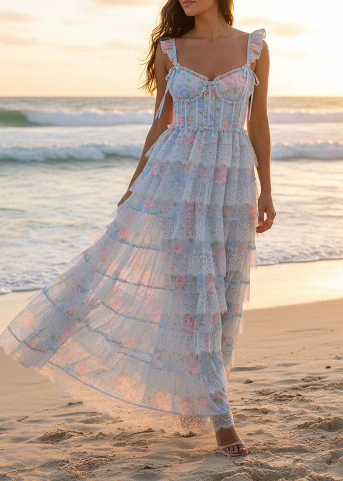 Blue pink floral tulle tiered maxi dress - beach side view new model