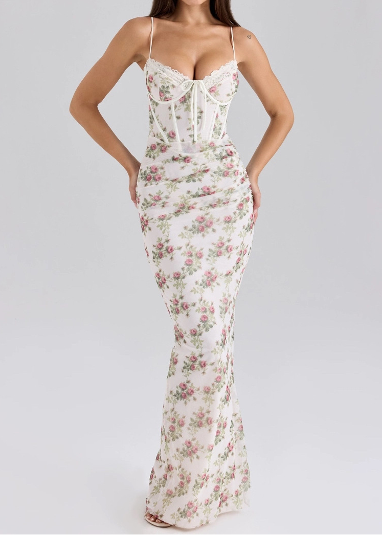 Floral Mesh Lace Corset Ruched Mermaid Maxi Dress
