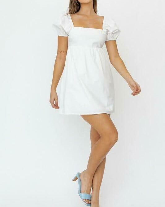 Rosemary White Square Neck Puff Sleeve Babydoll Dress