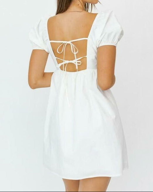 Rosemary White Square Neck Puff Sleeve Babydoll Dress