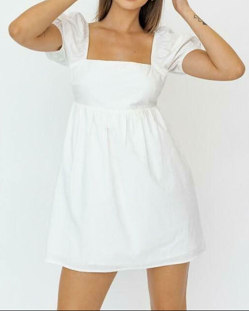 Rosemary White Square Neck Puff Sleeve Babydoll Dress