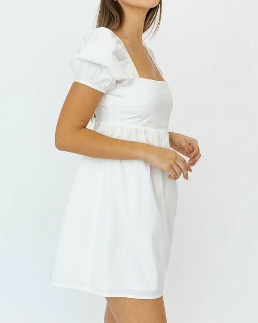 Rosemary White Square Neck Puff Sleeve Babydoll Dress