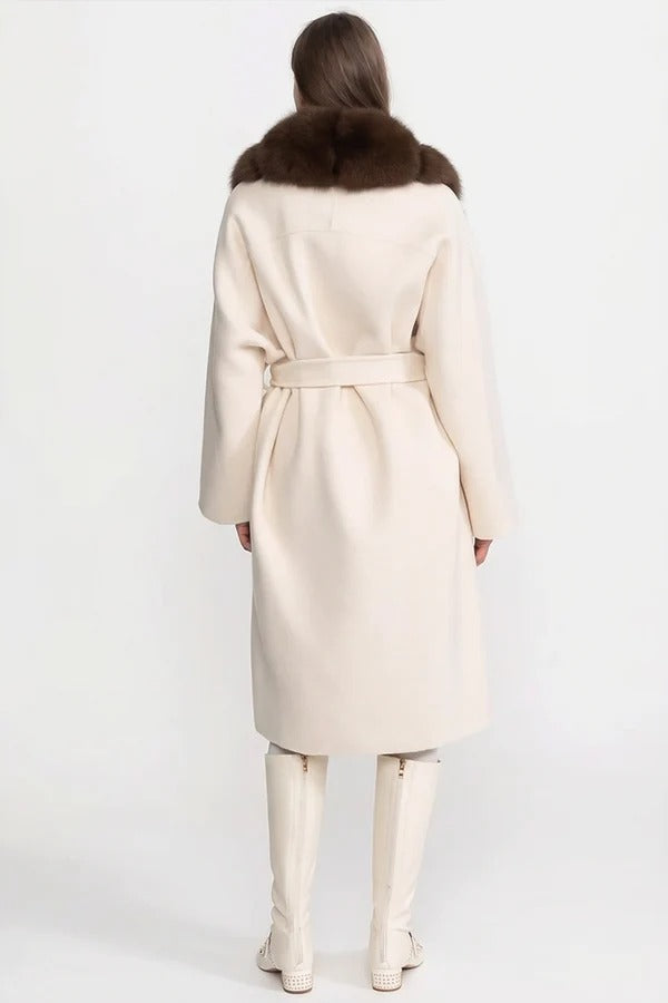 Cream Faux Fur Trim Belted Coat