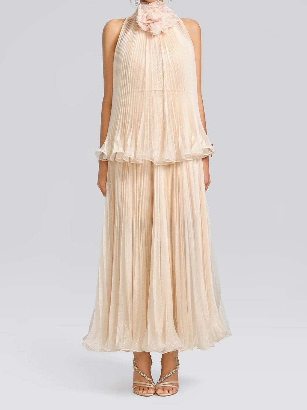 Beige Rosette Halter Maxi Dress