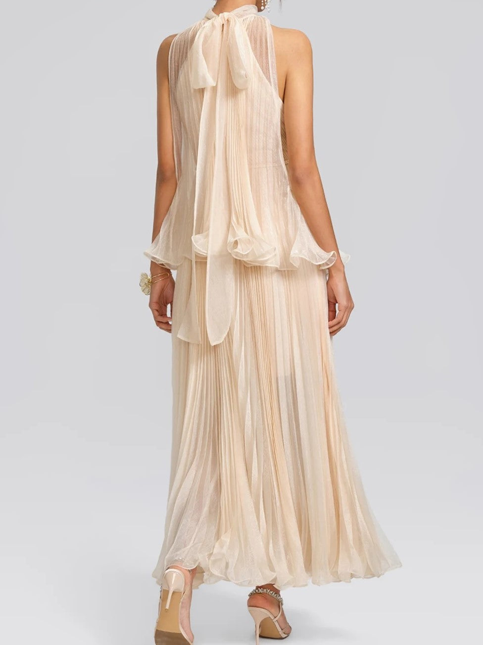 Beige Rosette Halter Maxi Dress