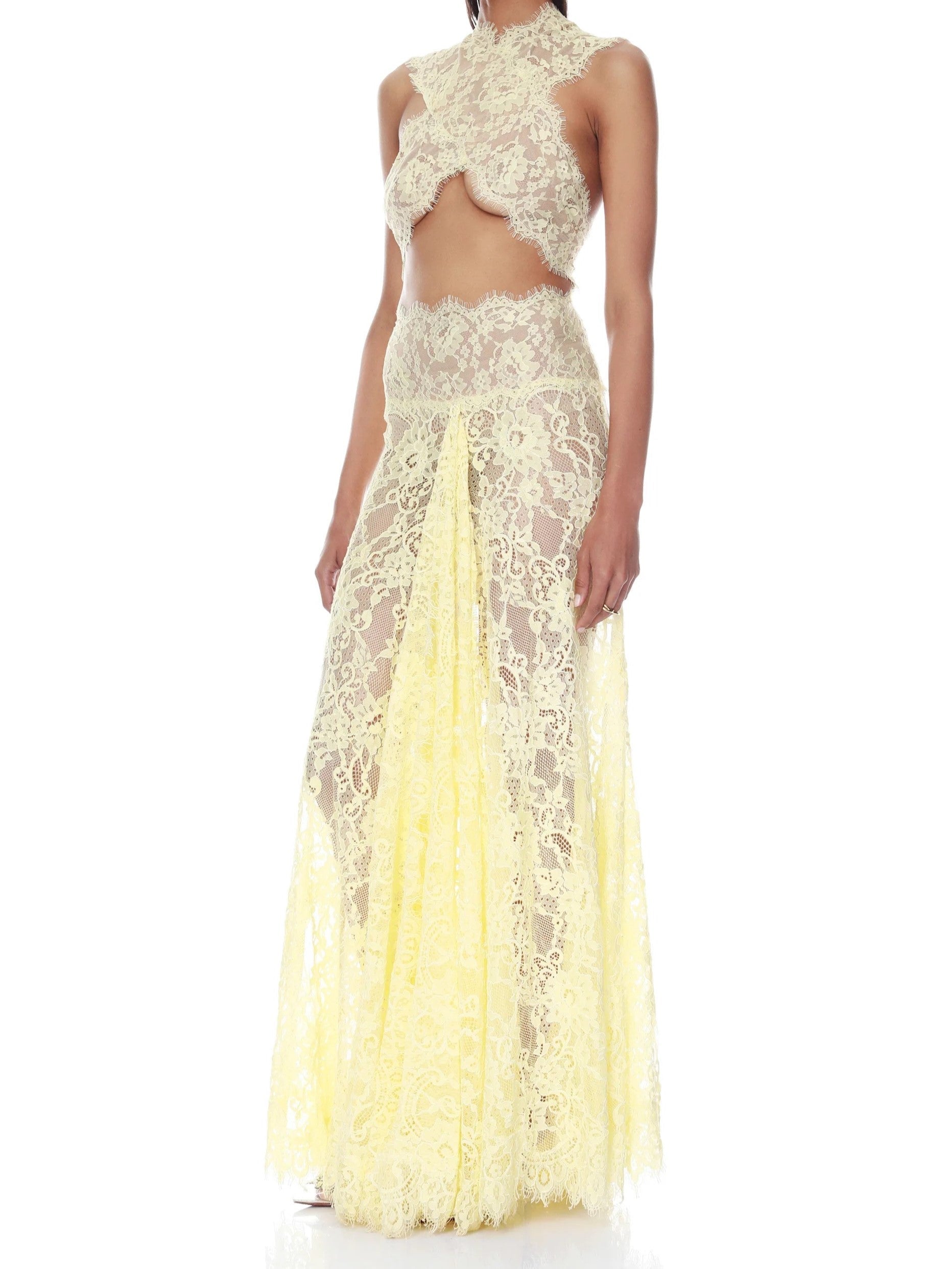 Pale Yellow Sheer Lace Cutout Maxi Dress