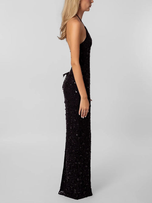 Black Sequin Halter Column Maxi Dress
