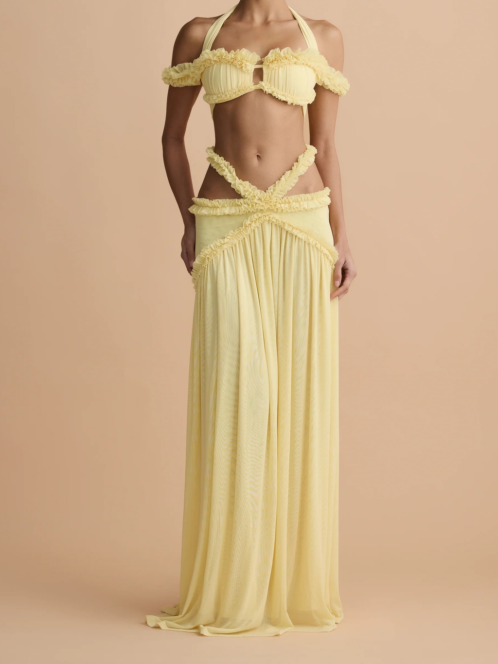 Olive Green Halter Ruffle Two-Piece Set