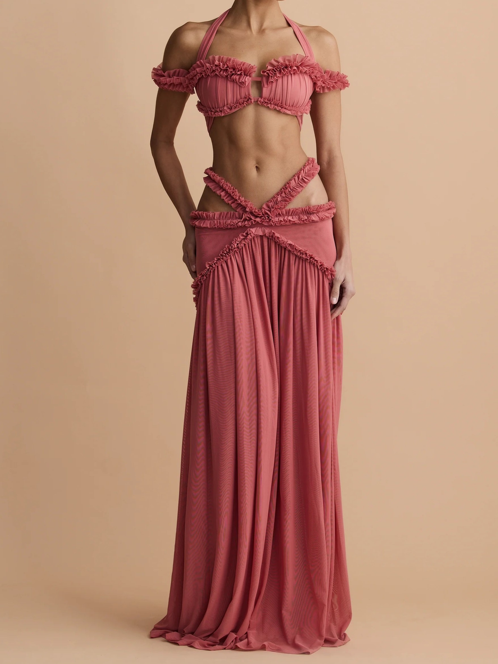 Olive Green Halter Ruffle Two-Piece Set