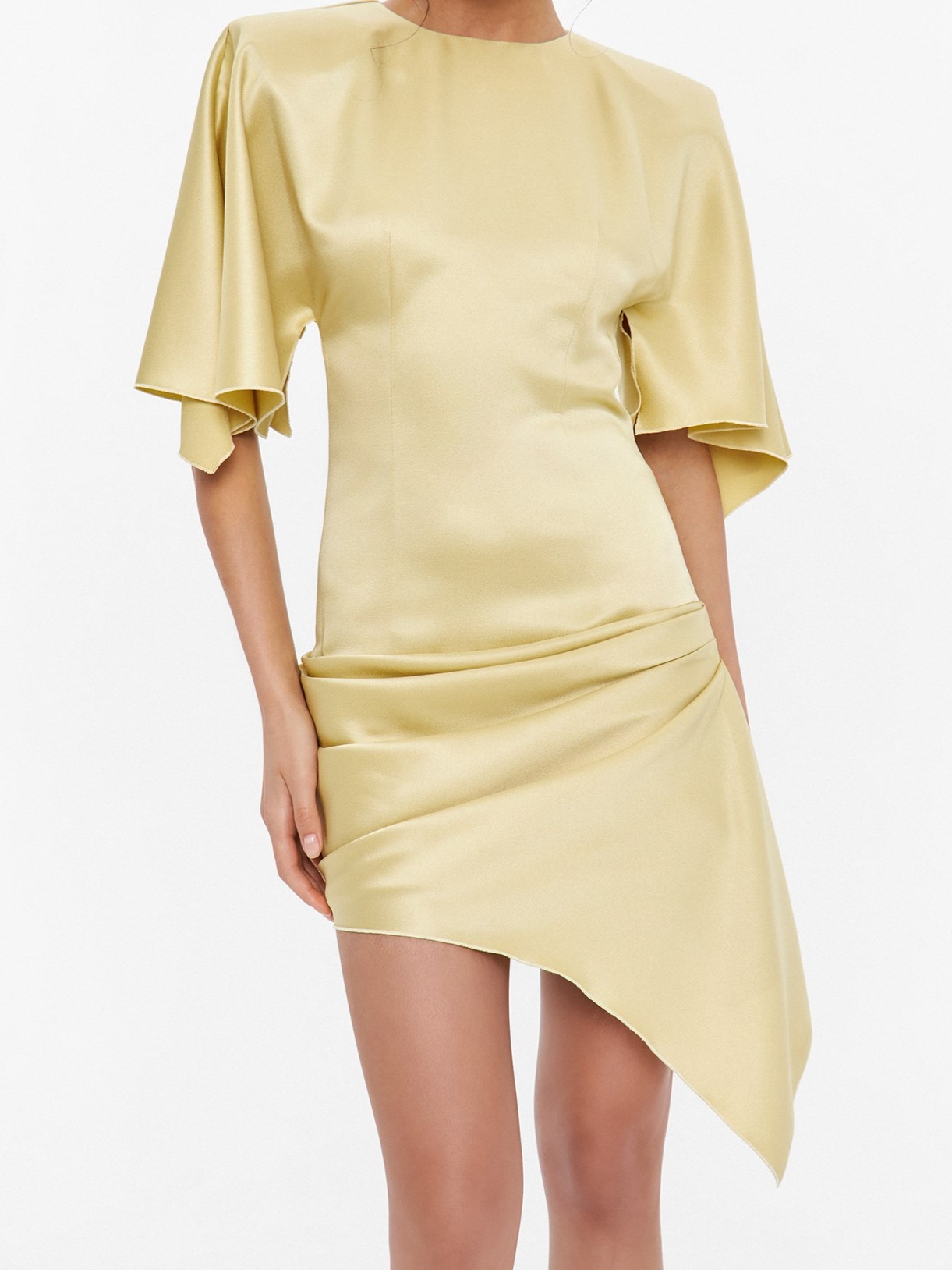 Butter Yellow Flutter Sleeve Asymmetric Mini Dress