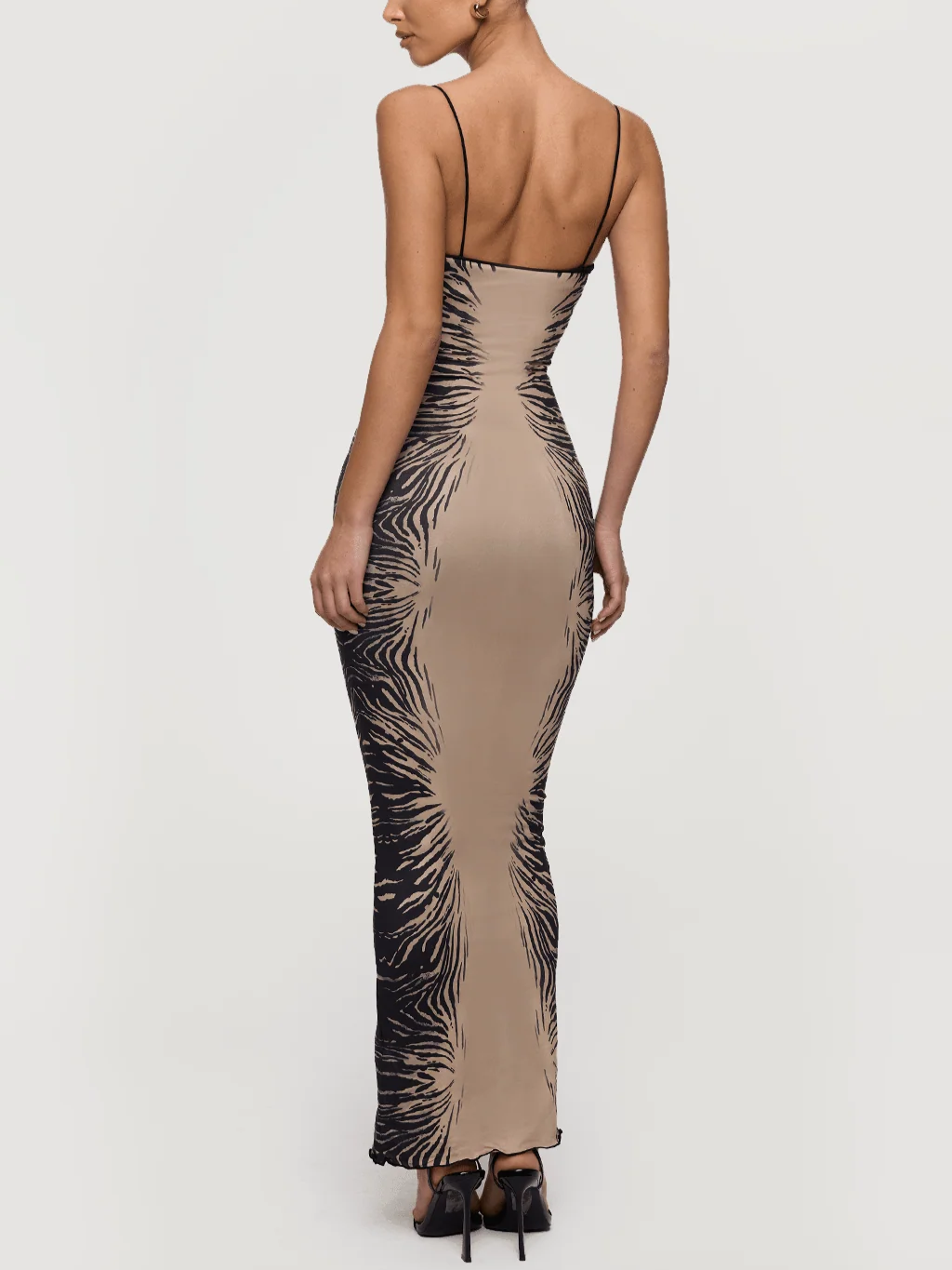 Beige Tiger Print Sheer Spaghetti Strap Maxi Dress