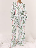 Women's Christmas Candy Cane Plant Floral Print Long Sleeve Loose Homewear Set