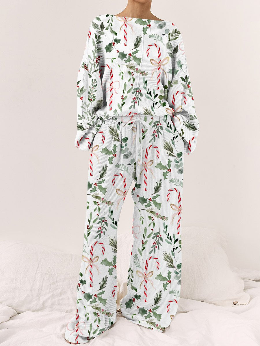 Women's Christmas Candy Cane Plant Floral Print Long Sleeve Loose Homewear Set