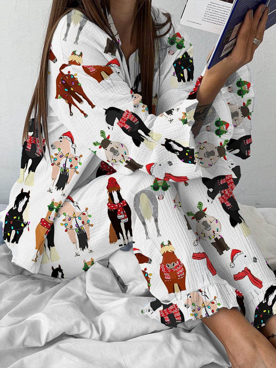 Women's Fun Christmas Horse Print   Cardigan Set