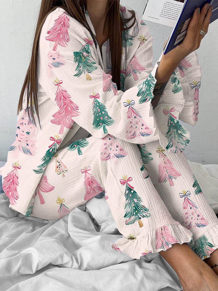 Women's Christmas Tree Bow Furry Pink Polar Fleece Pajama Set