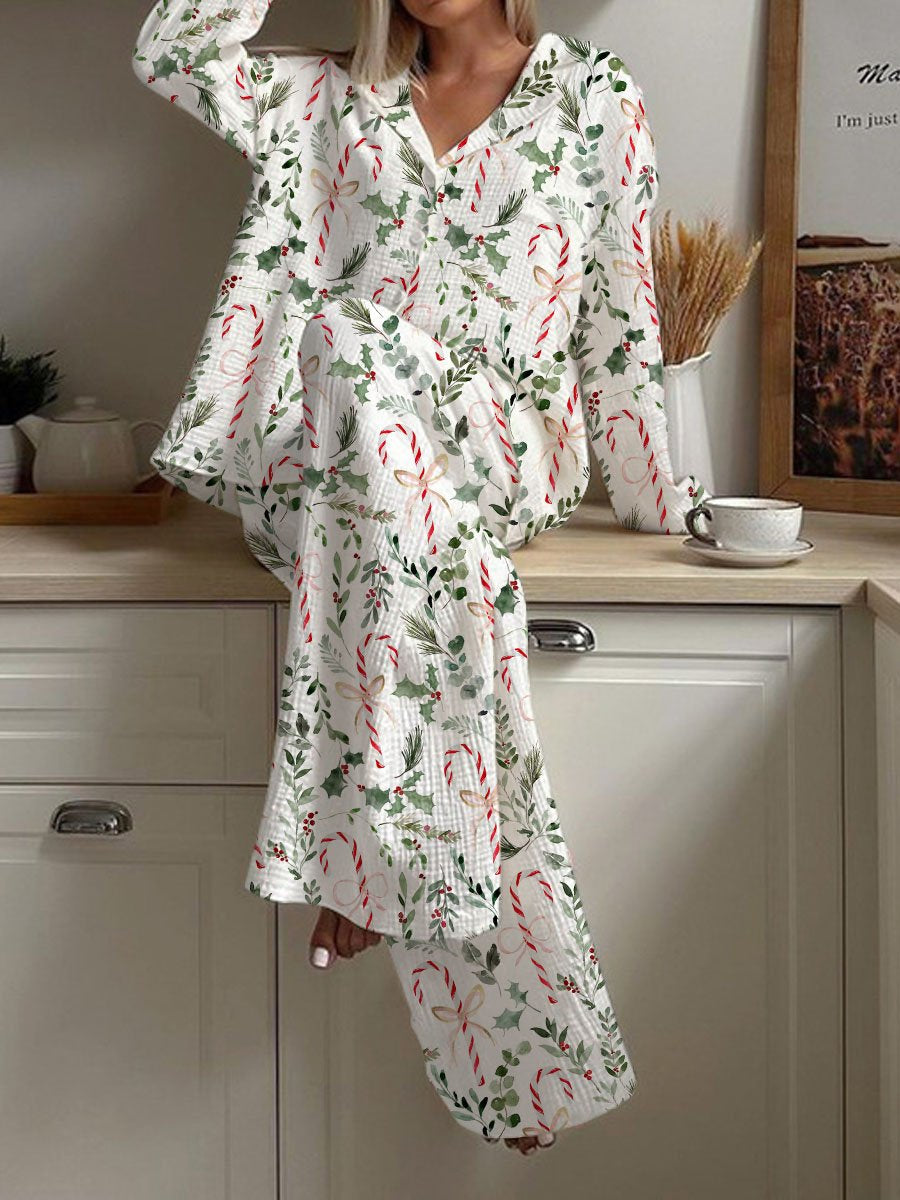 Women's Christmas Plant Candy Cane Print Loose Homewear Set