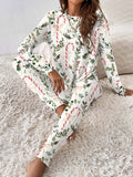 Women's Christmas Candy Cane Plant Floral Print Long Sleeve Fitted Homewear Set