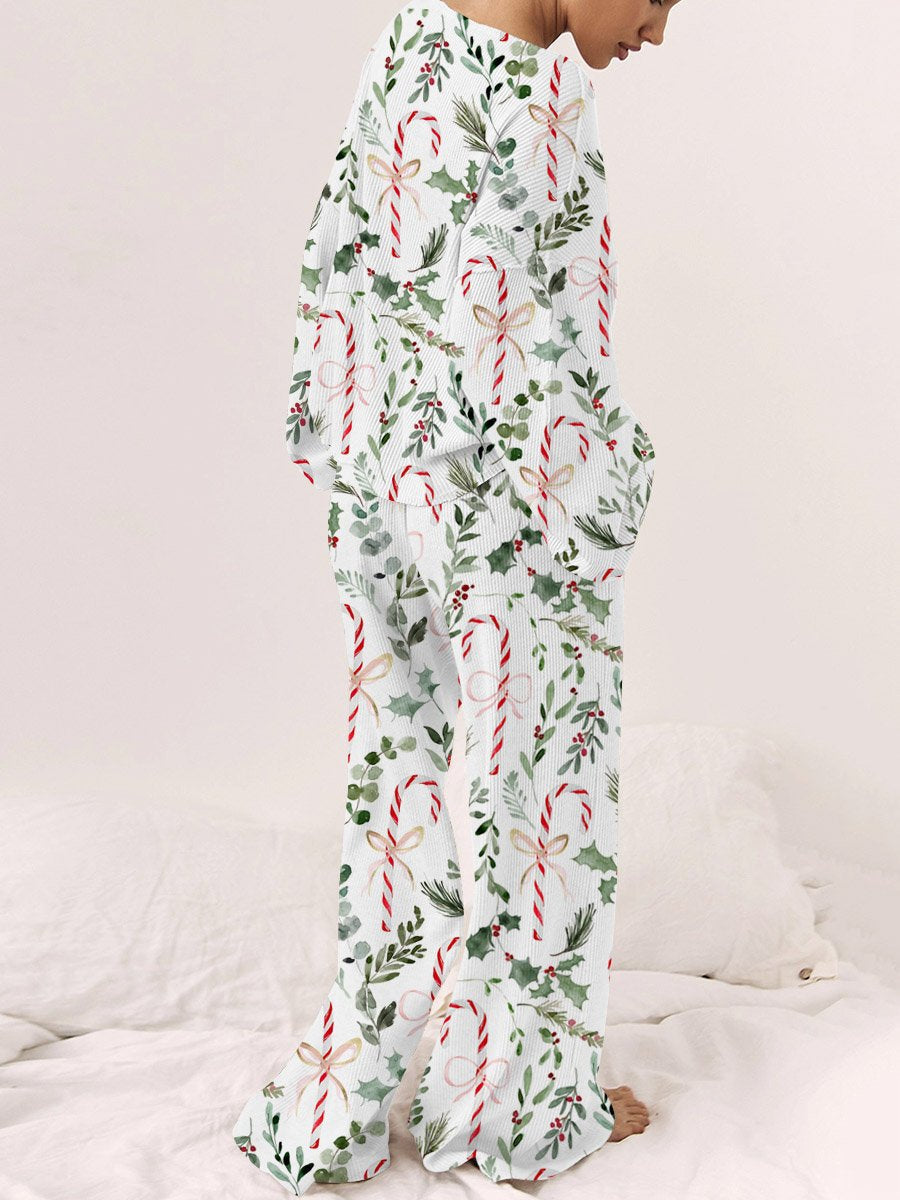 Women's Christmas Candy Cane Plant Floral Print Long Sleeve Loose Homewear Set