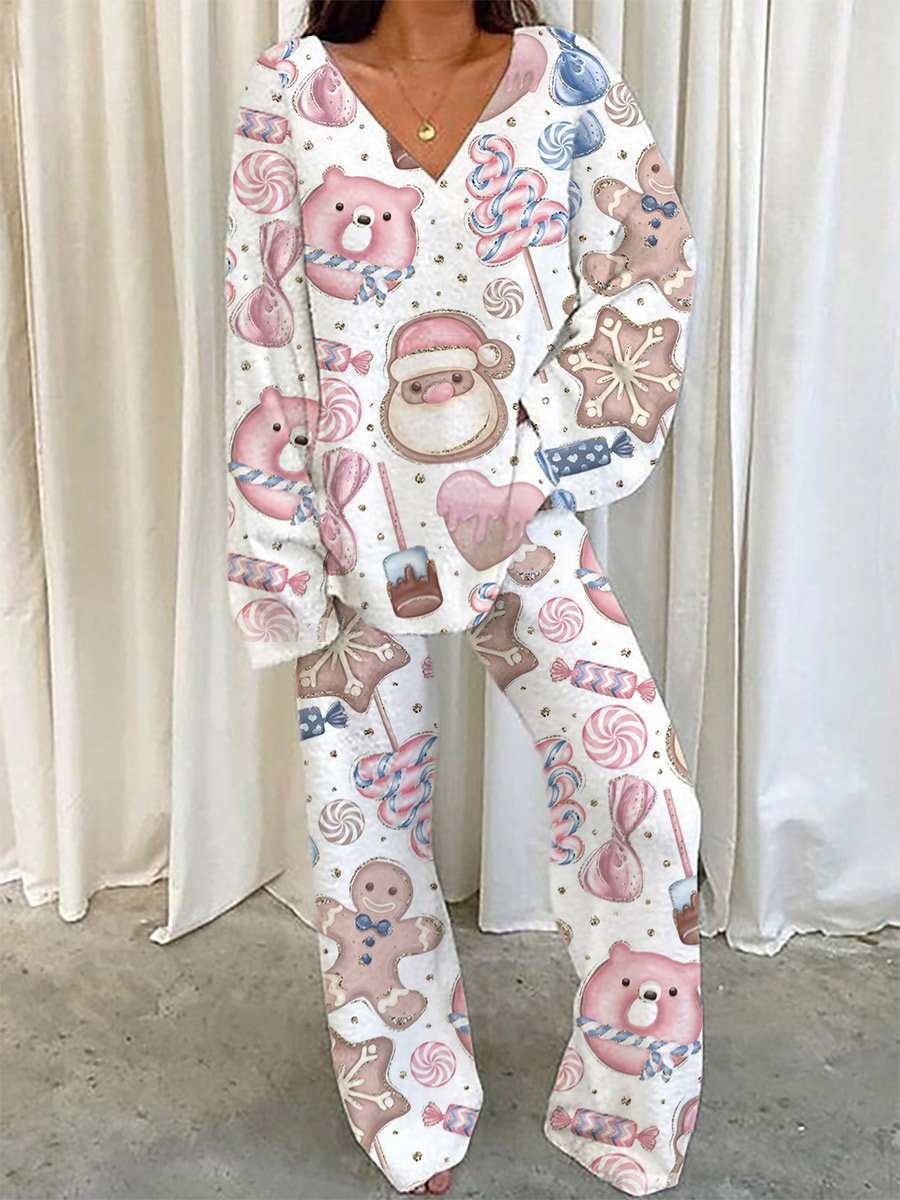 Women's Christmas Santa Claus Pattern V-Neck Long Sleeve Pants Suit