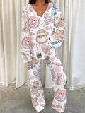 Women's Christmas Santa Claus Pattern V-Neck Long Sleeve Pants Suit