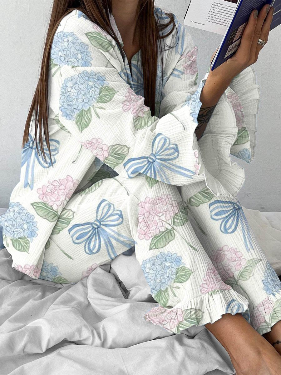 Women's Blue Bow Pink Hydrangea Light Cotton Pajama Set