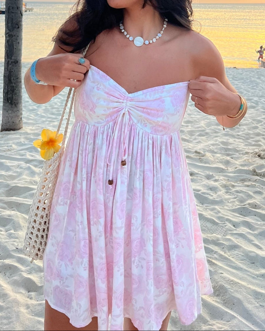 Lena Light Pink Floral Print Strapless Mini Dress