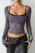Leopard Print Mock Two-Piece Fitted Long Sleeve Tee