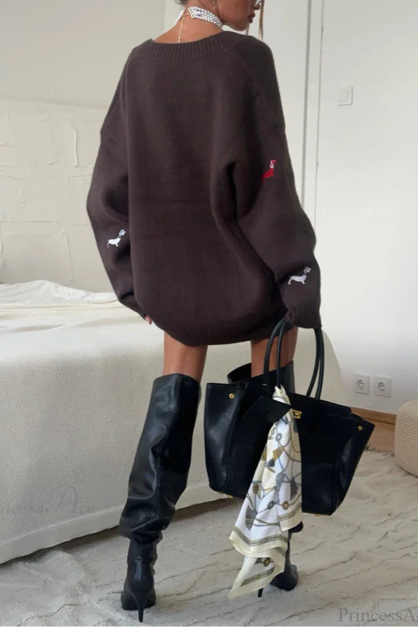 Loose Dachshund Embroidery Knit Button Cardigan