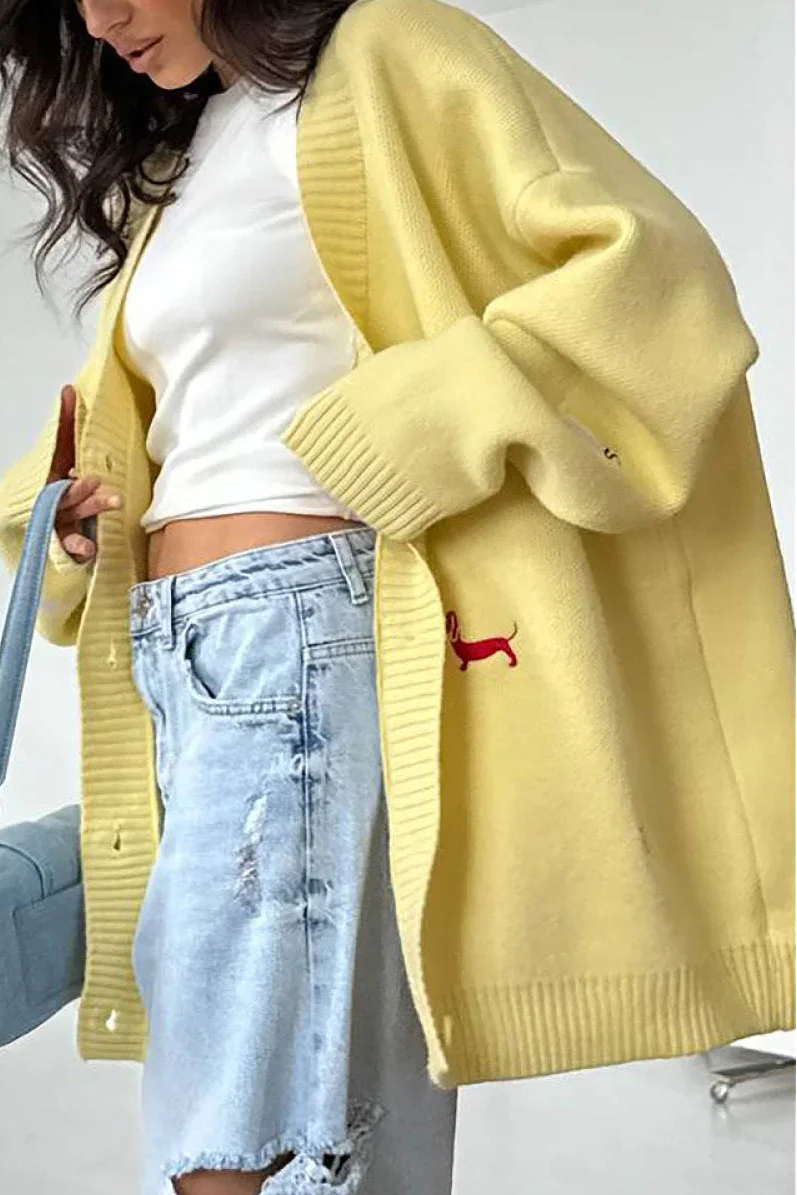Loose Dachshund Embroidery Knit Button Cardigan