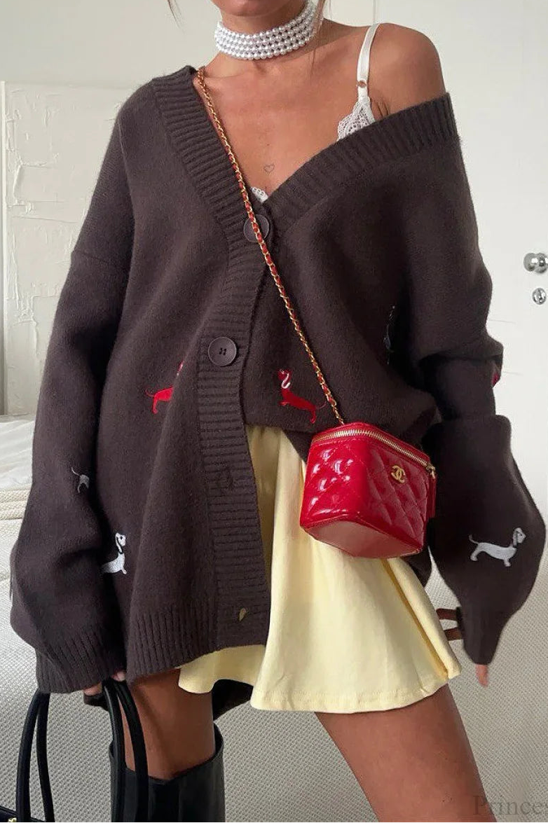 Loose Dachshund Embroidery Knit Button Cardigan