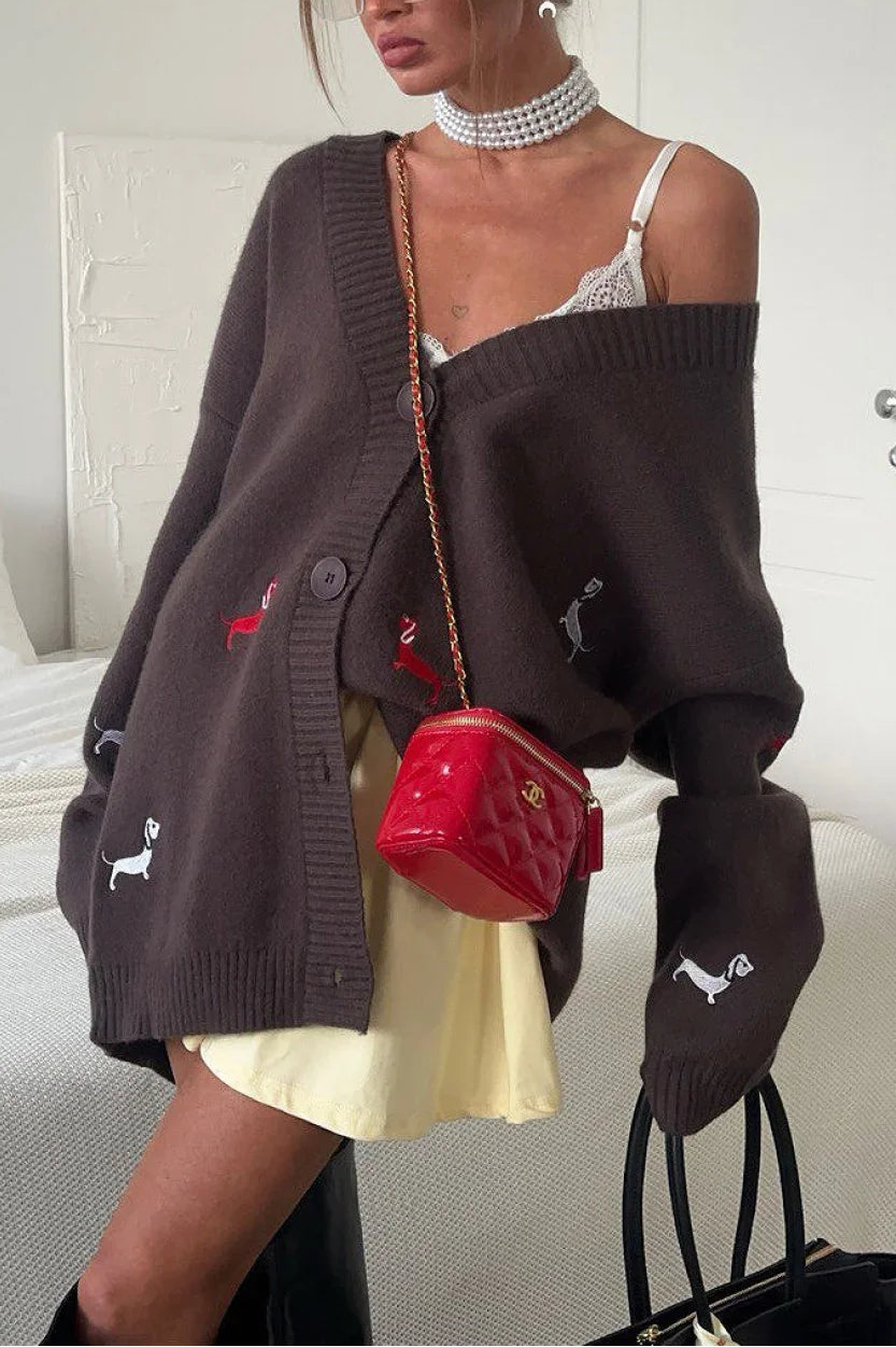 Loose Dachshund Embroidery Knit Button Cardigan