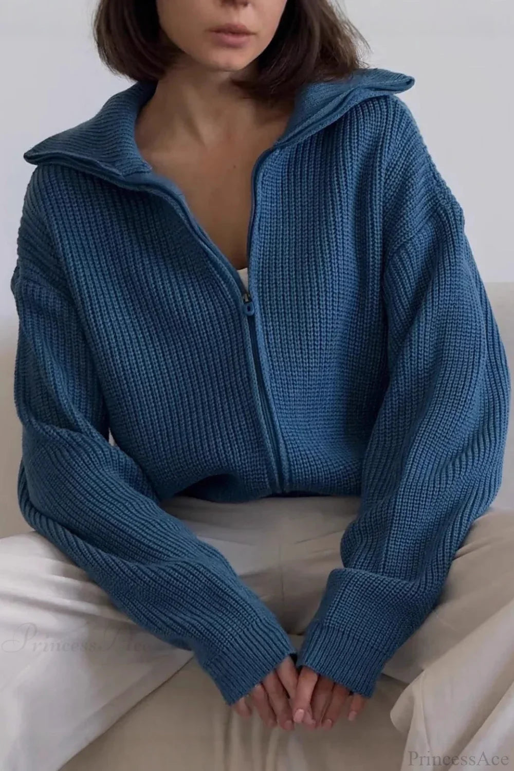 Loose Solid Zip Lapel Cardigan