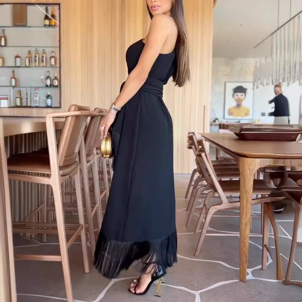 Black One-Shoulder Bell Sleeve Fringe Maxi Dress