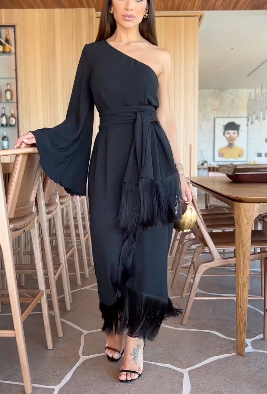 Black One-Shoulder Bell Sleeve Fringe Maxi Dress