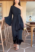 Black One-Shoulder Bell Sleeve Fringe Maxi Dress