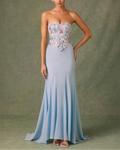 Light Blue Floral Corset-Style Strapless Maxi Dress