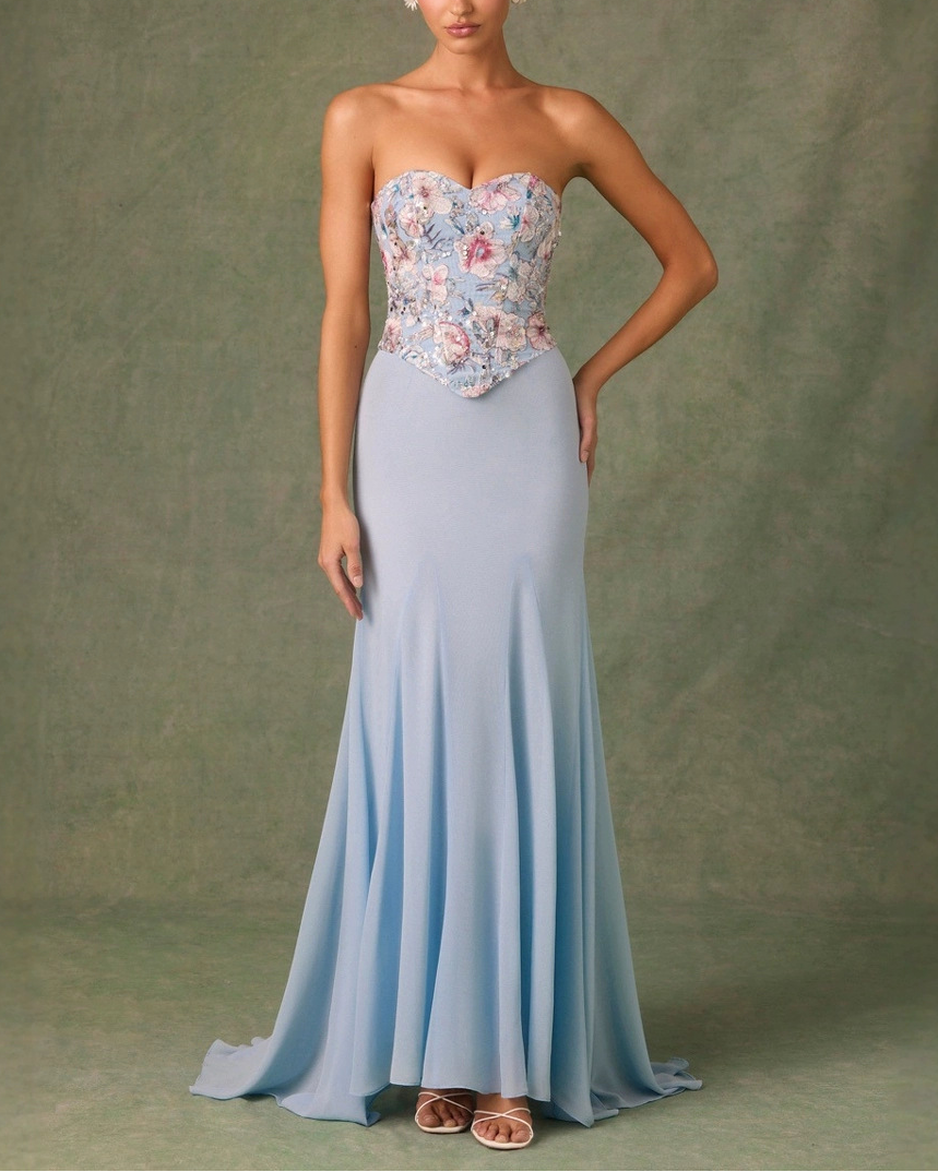 Light Blue Floral Corset-Style Strapless Maxi Dress
