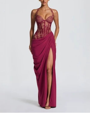 Halter Lace Corset-Style Draped Slit Maxi Dress