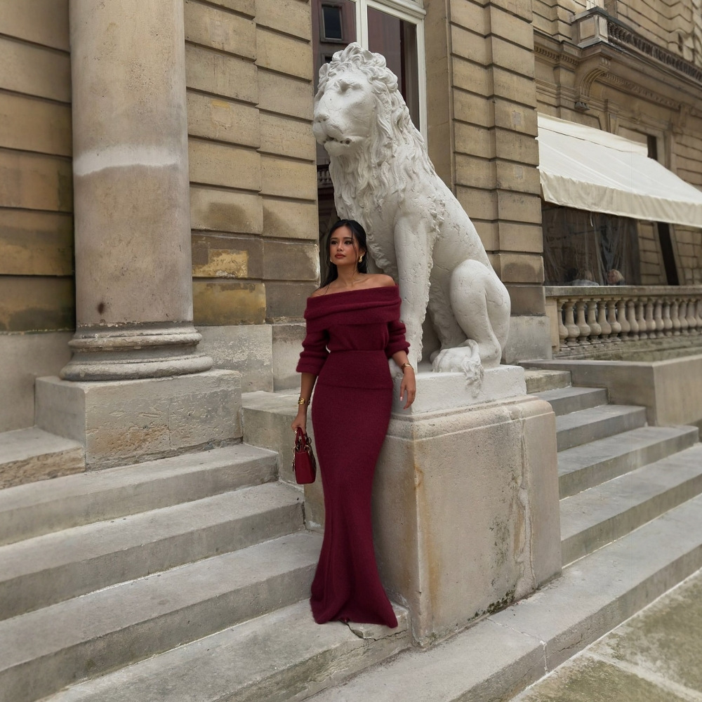 Burgundy Off-Shoulder Top & Maxi Skirt Set