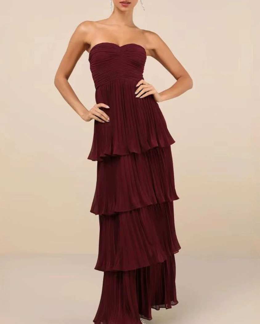 Burgundy Strapless Sweetheart Tiered Maxi Dress