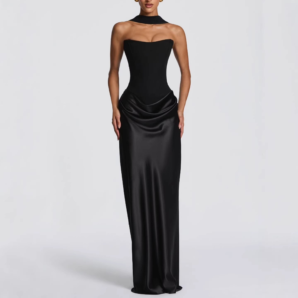 Strapless Corset-Style Draped Maxi Dress