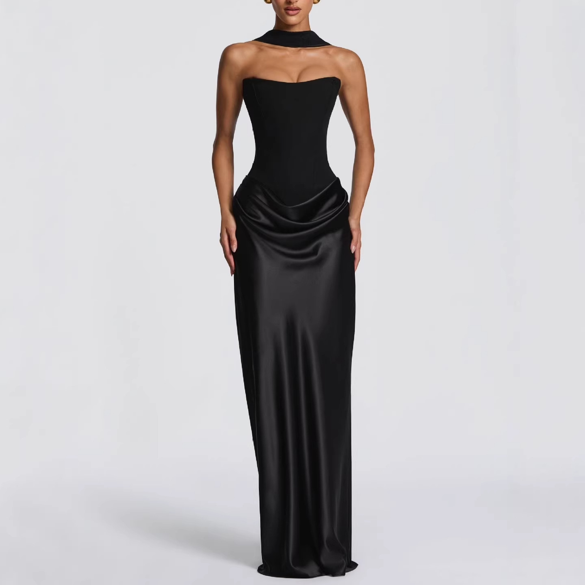 Strapless Corset-Style Draped Maxi Dress