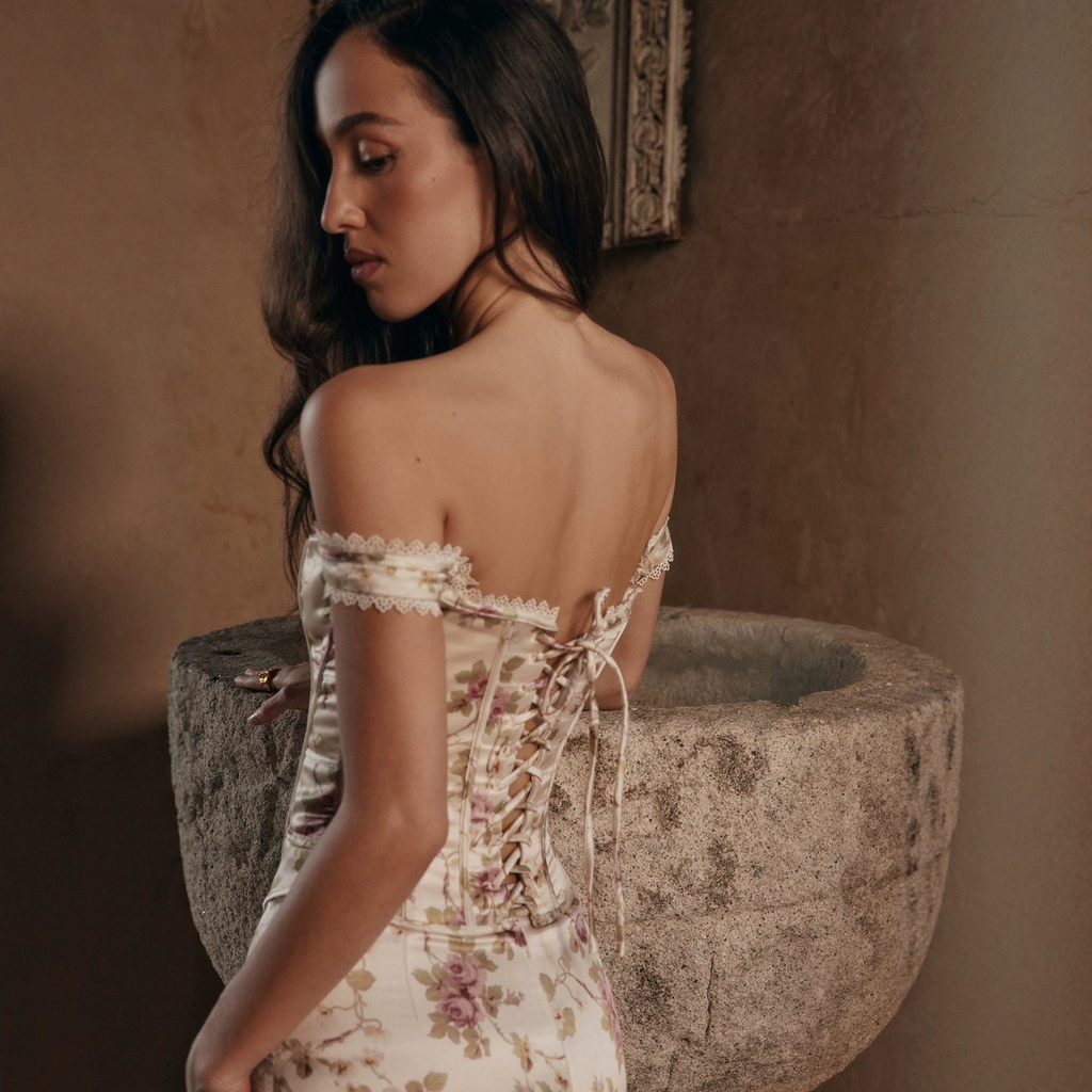 Floral Lace Trim Off Shoulder Corset Maxi Dress